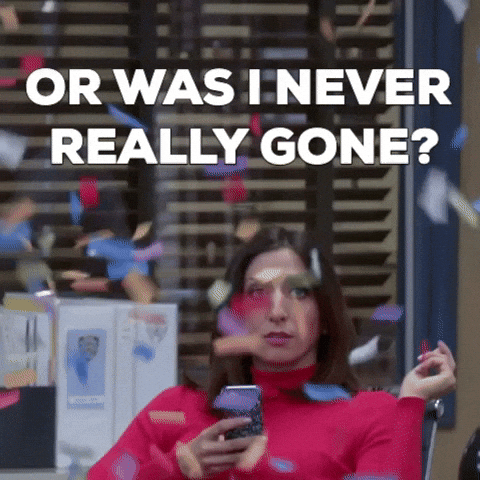 GIF of Gina Linetti (Brooklyn 99) sitting in her chair, while confetti falls. Top caption says, “Or was I never really gone?”